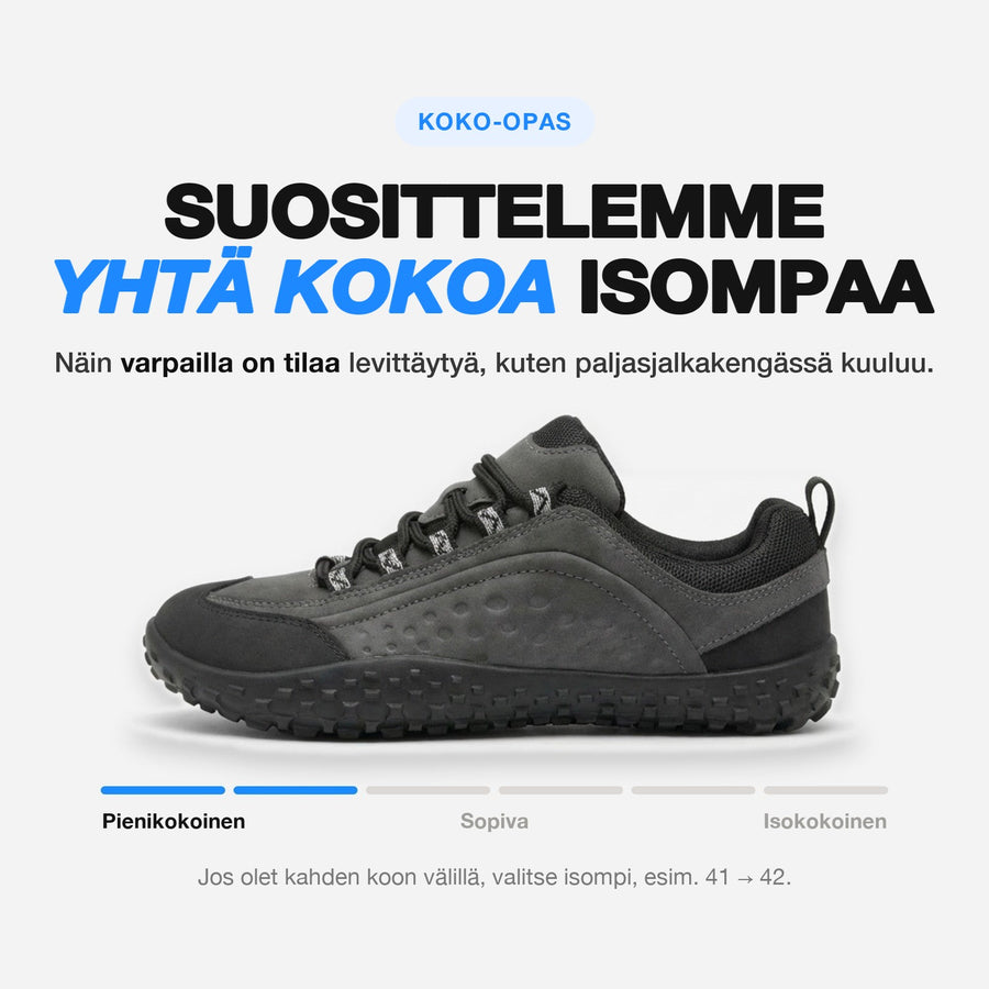 Koko-opas: suosittelemme valitsemaan yhtä numeroa suuremman koon. Jos mietit kahden koon välillä, valitse suurempi, esimerkiksi 42 koon 41 sijaan.